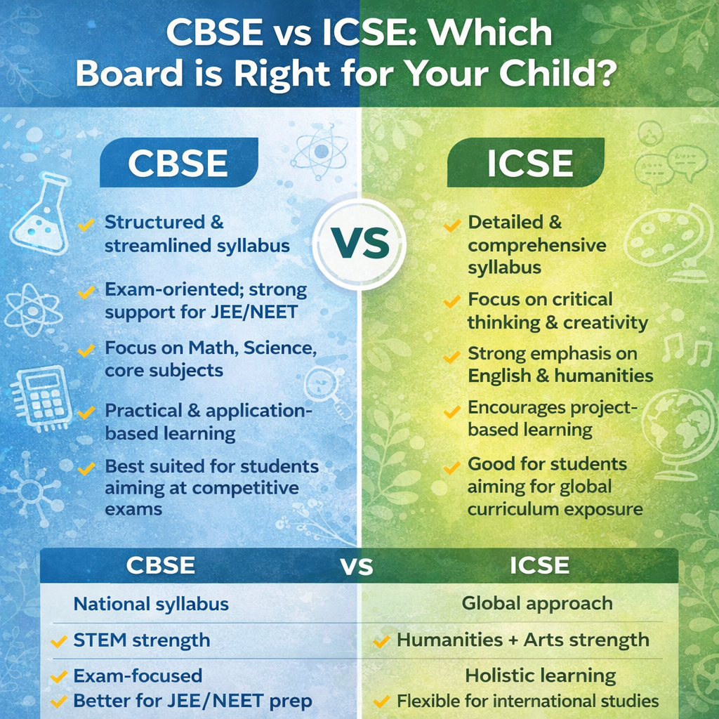 "Comparison table showing differences between CBSE and ICSE syllabus and career scope"
